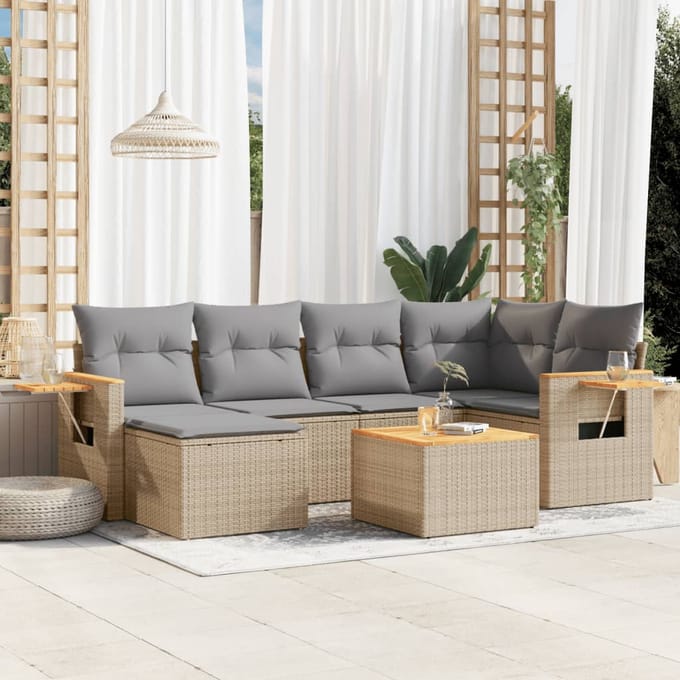 vidaXL - 7-delige - Loungeset - met - kussens - poly - rattan - beige
