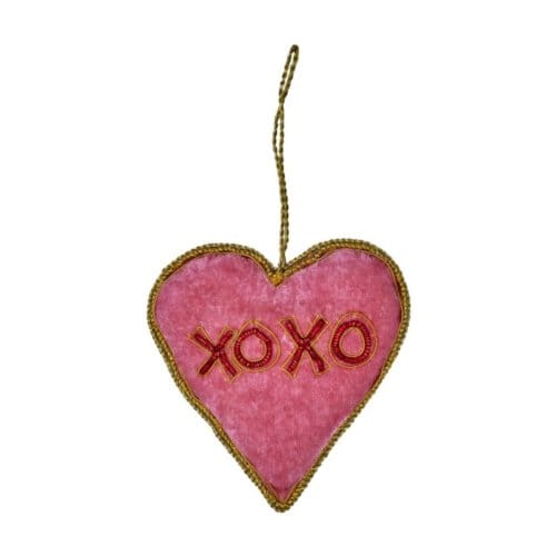 Rice kerst stoffen ornament met kralen heart, rood