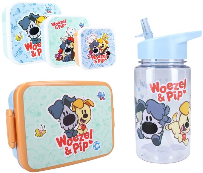 Woezel & Pip Lunchset - Lunchbox - Drinkfles - 3 Snackboxen - Blauw