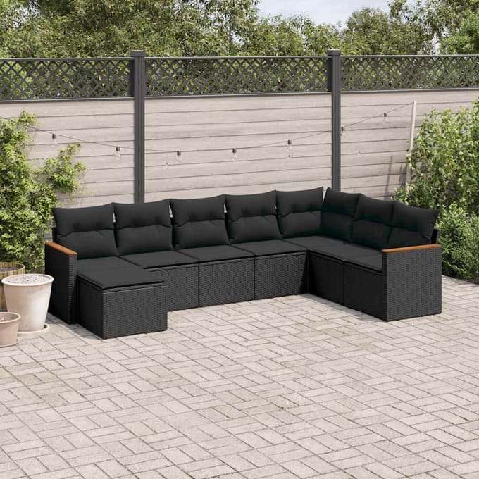 vidaXL - 8-delige - Loungeset - met - kussens - poly - rattan - zwart