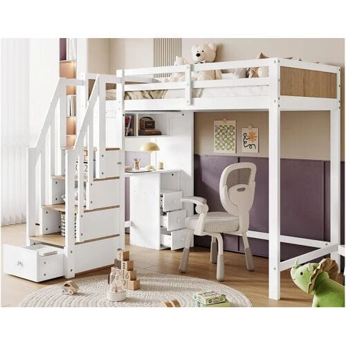 ModernLuxe Houten tussenbed - 90x200 cm - met bureau, planken en opbergtrap - Wit