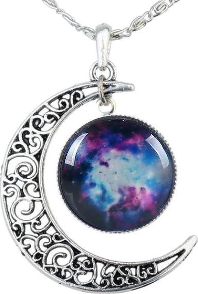 Fako Bijoux® - Ketting - Cabochon - Maan - Blauw/Paars/Wit