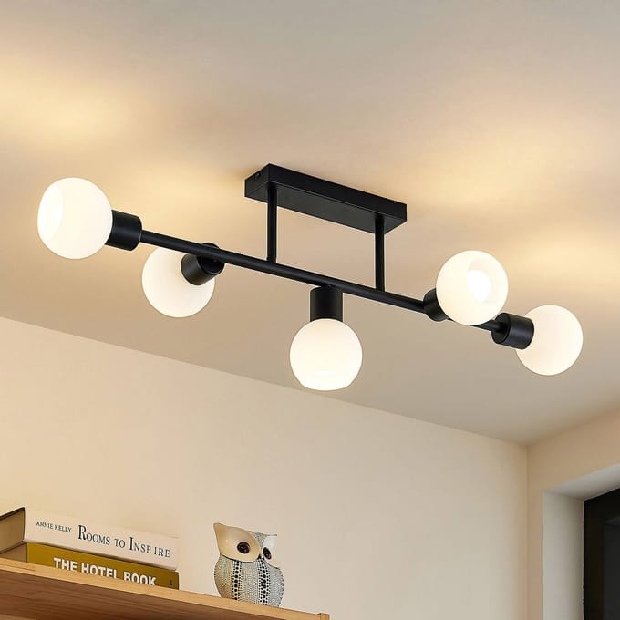 Lindby - plafondlamp - 5lichts - Staal, glas - H: 27 cm - E14 - mat zwart, mat opaalwit