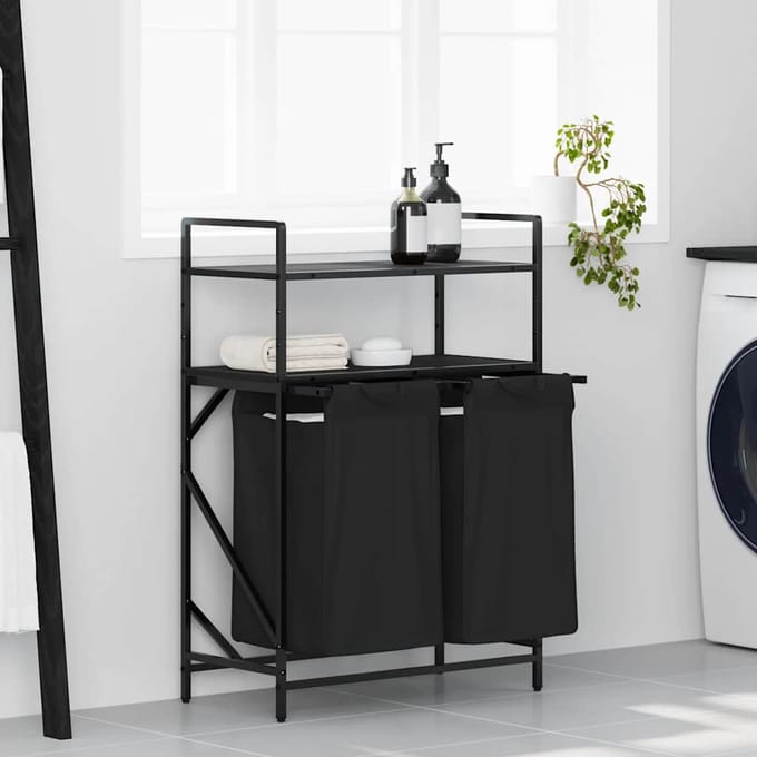 vidaXL - Wasmand - 2 - vakken - met - planken - zwart - eikenkleurig