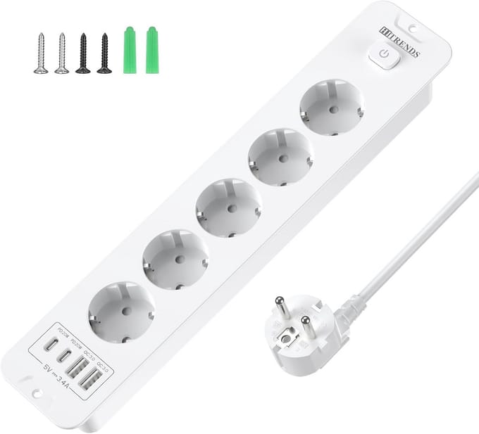 Inbouwbaar Uitschuifbaar Stopcontact met 5 Weger, 2 USB en 2 USB-C Poorten, 2m Kabel, Wit