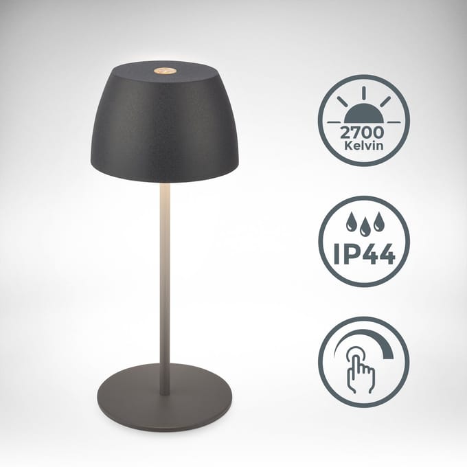B.K.Licht - Oplaadbare mini Tafellamp - met USB-C - draadloos - dimbaar - buitenlamp - 8x20 cm - antraciet