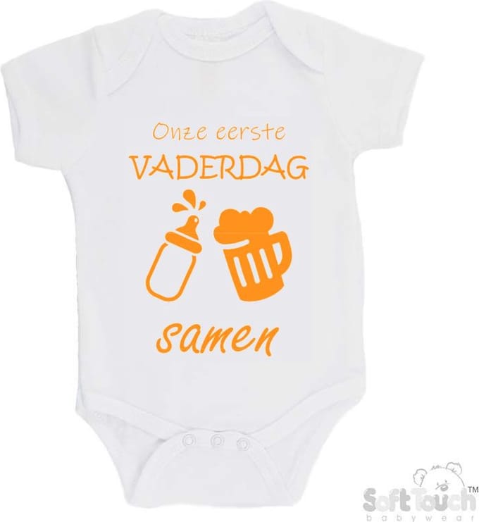 Soft Touch Romper "Onze eerste vaderdag samen" Unisex Katoen Wit/mosterd Maat 56/62