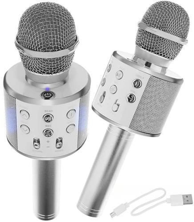 Karaoke microfoon met speaker en LED verlichting - Draadloze Bluetooth microfoon - Kinder karaoke microfoon - Zilver - LimitedDeals!