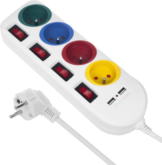 Maclean - Stekkerdoos met schakelaars met penaarde - 4-voudig + 2x USB - 250VAC/10A, 2,1A 5V - 1.5m - Wit