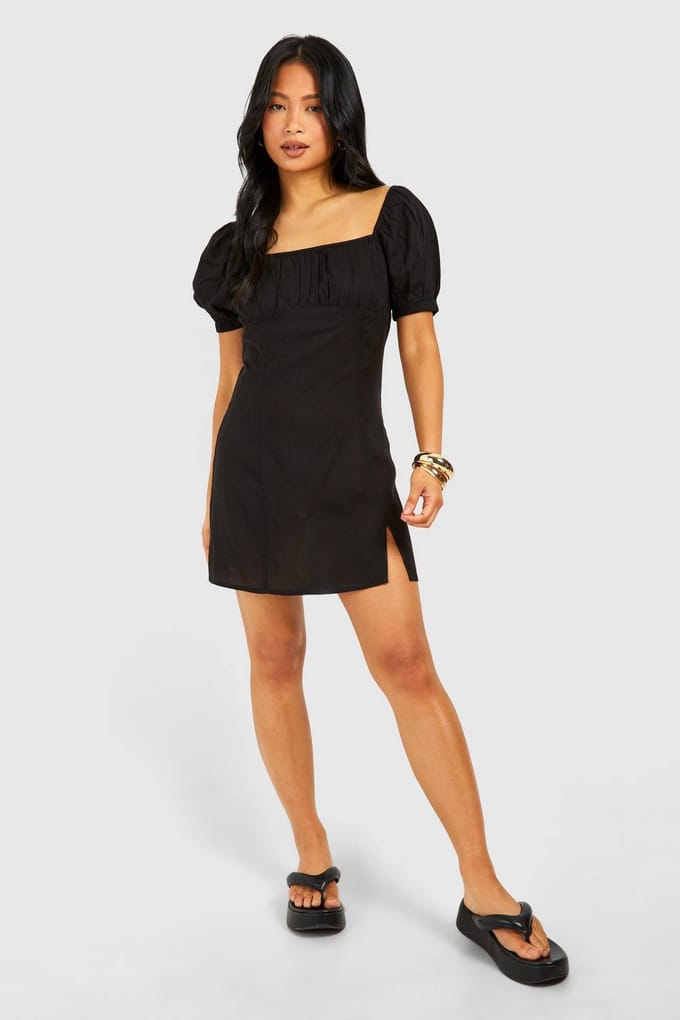 boohoo Dames Petite Linen Look Milkmaid Mini Jurk | Black | Maat: 6