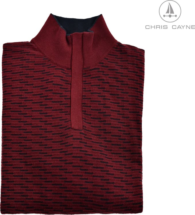 Chris Cayne schipperstrui - rood - M - heren trui - bordeaux/donkerblauw - structuur - fijn gebreid - heren pullover - korte rits - gebreid