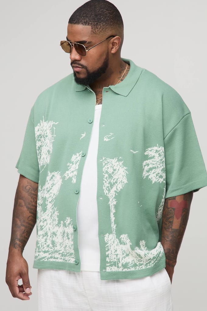 Plus Relaxed Palm Print Jacquard Gebreide Overhemd | Sage | Size 2XL