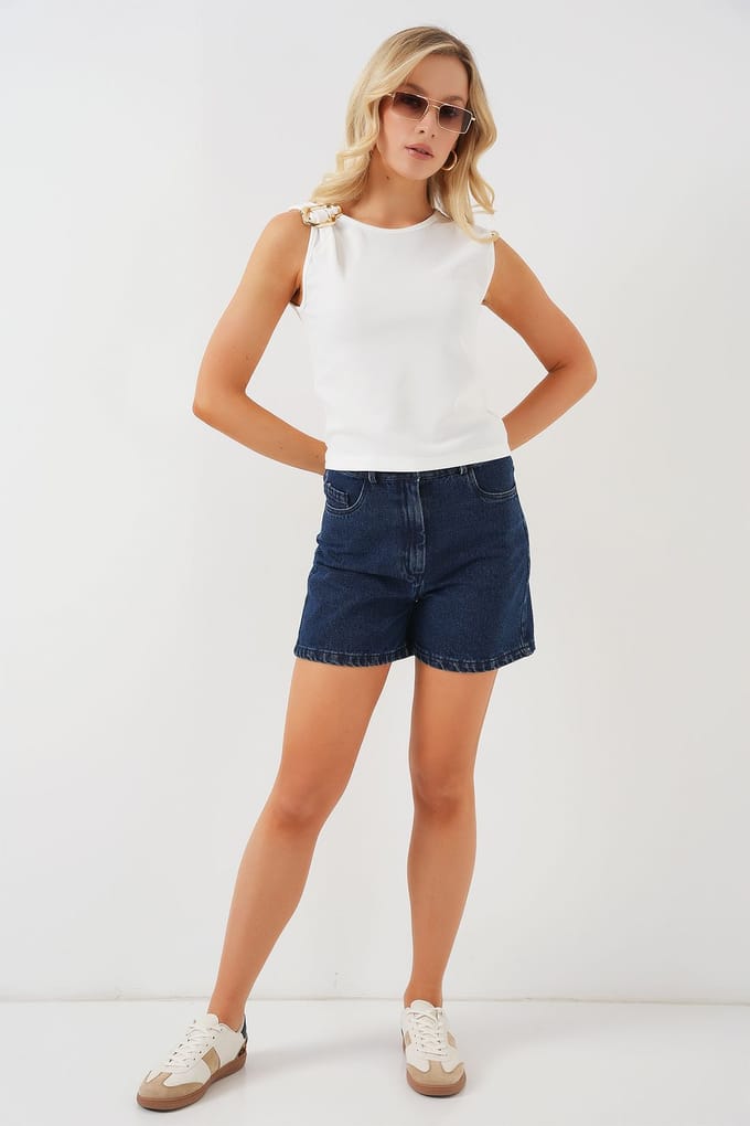 Geribbelde Mouwloze Blouse met Accessoire Detail