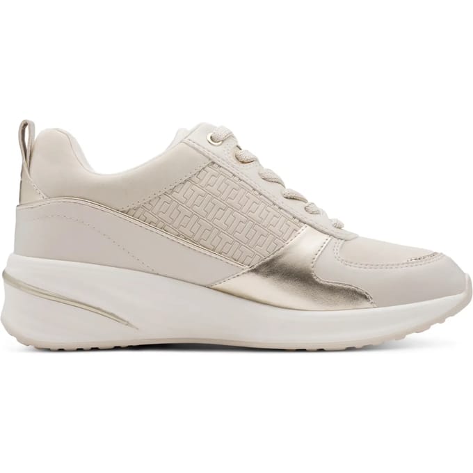 Tamaris dames witte en gouden platform sneakers met ritssluiting en vetersluiting.