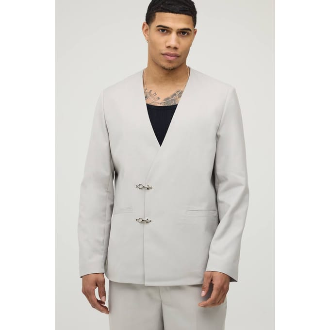 Kraagloze Oversized Blazer met Brandweergesp | Stone | Size 40