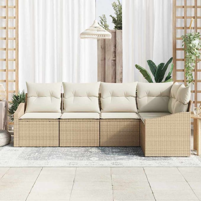 vidaXL - Tuinbank - Set - 5 - st - Beige - en - Wit - poly - rattan