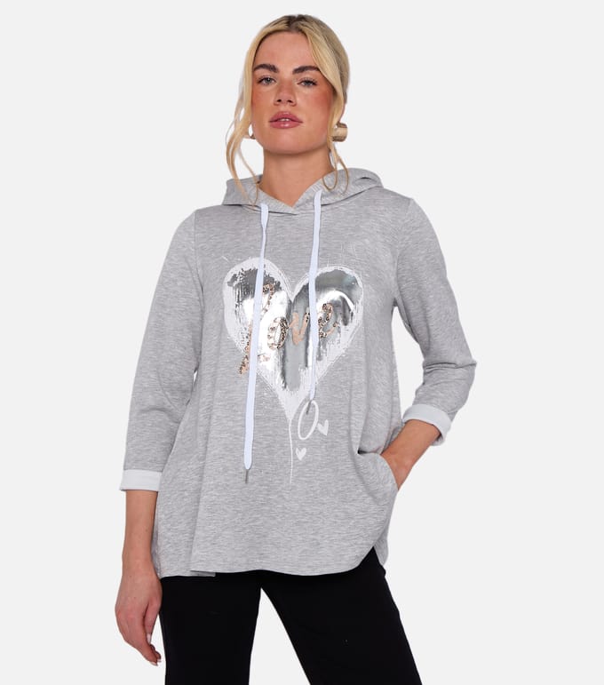 Grijze oversized A-lijn top met capuchon en hartprint