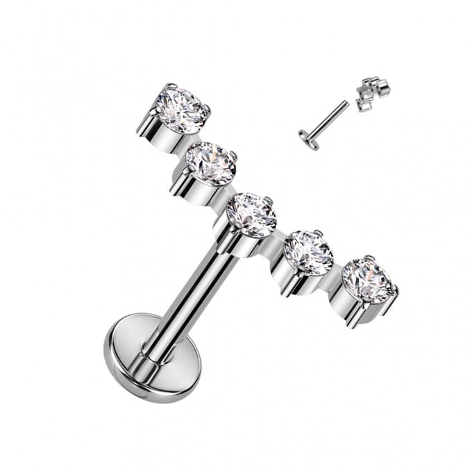Piercing titanium 5 gemmed ronde top 1.2x8 - zilver - LMPiercings