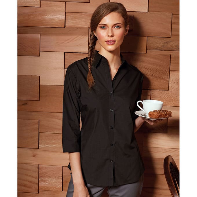 Premier Dames/Dames Popeline 3/4 Mouwen Blouse (Zwart)