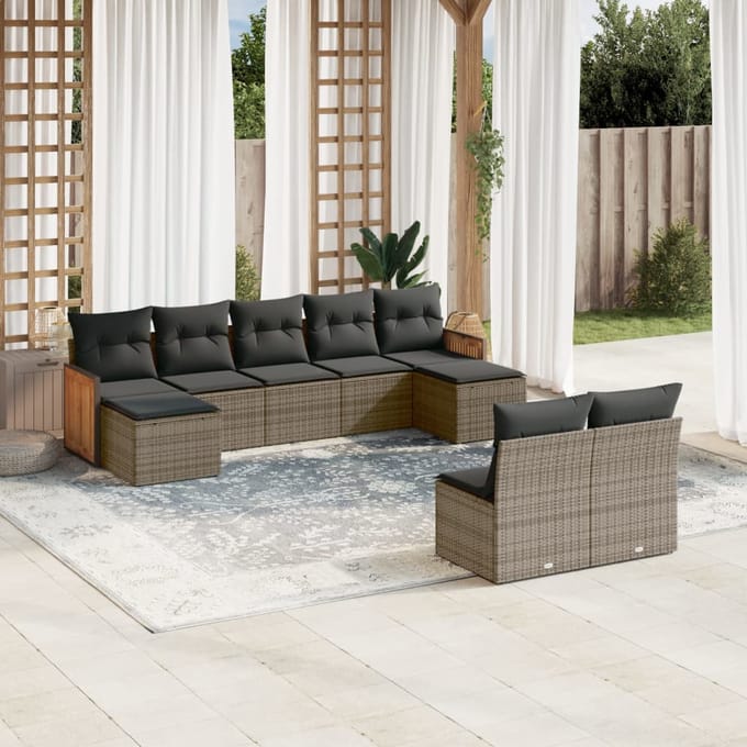 vidaXL - 9-delige - Loungeset - met - kussens - poly - rattan - grijs
