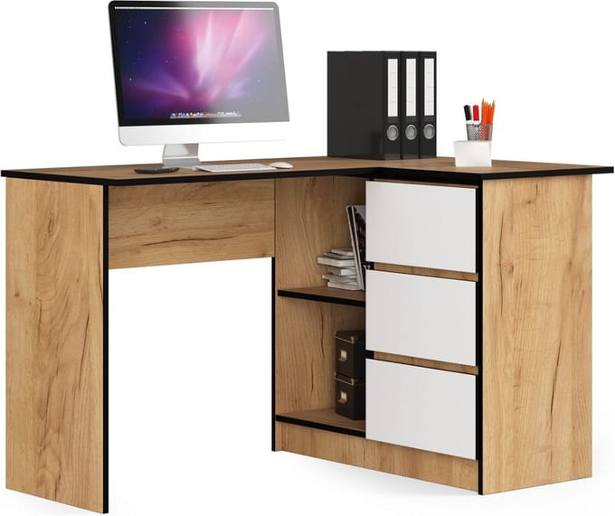 Hoekbureau met Ladeblok en Plank voor Thuiswerkplek, 124 cm Breed