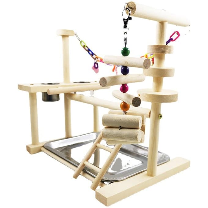 Vogel Speelstand Interactief Kleurrijk Schommel Ladder Houten Papegaai Speeltuin met Voederbak voor beige