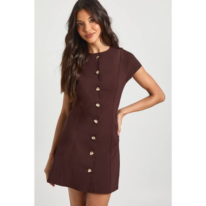 boohoo Dames Bengaline Shift Jurk met Gouden Knoop Details en Korte Mouwtjes | Chocoladebruin | Maat: 36