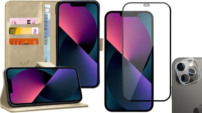 Hoesje geschikt voor iPhone 13 Pro Max - Book Case Kunstleer Wallet - Goud - Met Full Screenprotector en Camera Screen Protector