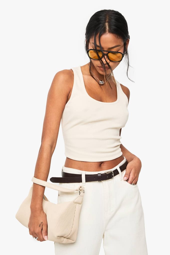 Dames Boohoo Basics Rib Scoop Neck Racer Back Vest Top | Steen | Maat: 36
