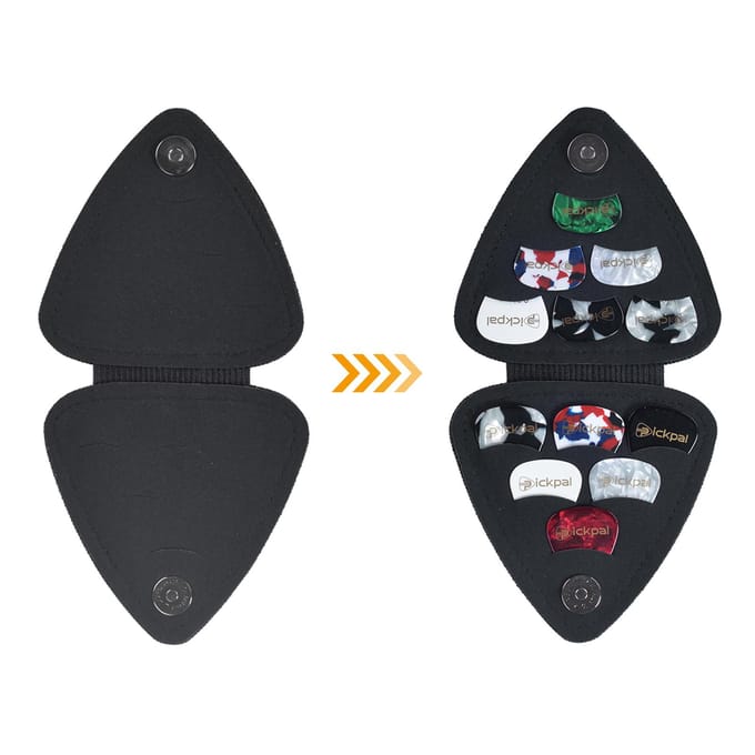 PICKPAL plectrumhouder voor akoestische elektrische gitaar, inclusief 12 stuks plectrums leer zwart