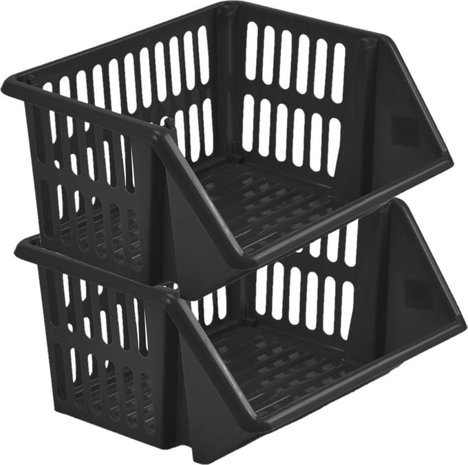 Whitefurze Mand/organizer - 2x - stapelbaar - zwart - 35 x 29 x 17 cm