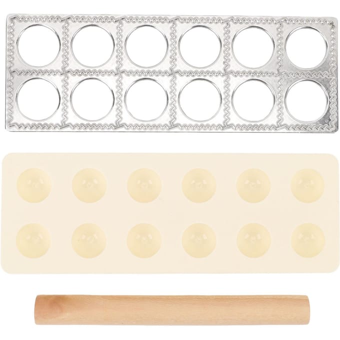 Ravioli Pers Maker Aluminiumlegering Plastic Dumpling Maakgereedschap met Houten Deegroller voor Familie beige