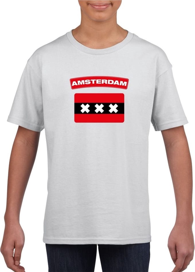 Amsterdam t-shirt met Amsterdamse vlag wit kinderen 146/152