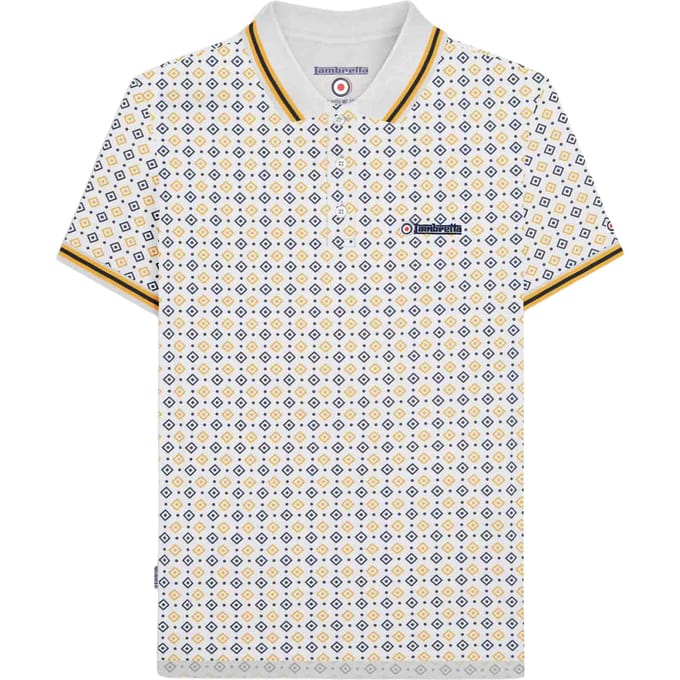 Lambretta Heren SS25 Geometrisch Polo Shirt (Wit/Navy/Goud)
