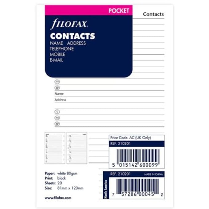 Filofax - vulling pocket - notitiepapier voor adressen- - wit