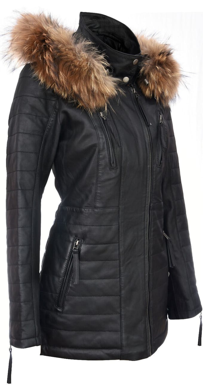 Dames slim fit leren parka-jas met capuchon-Northam