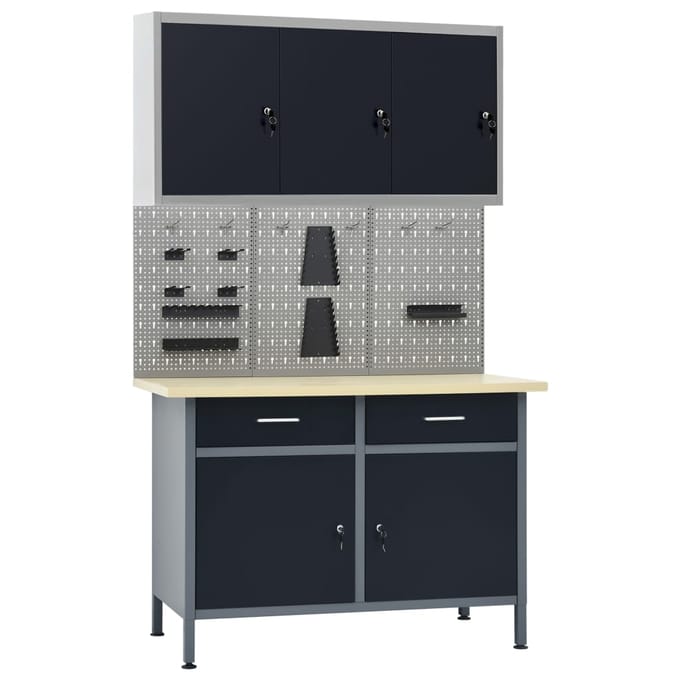 vidaXL - Werkbank - met - drie - wandpanelen - en - een - kast