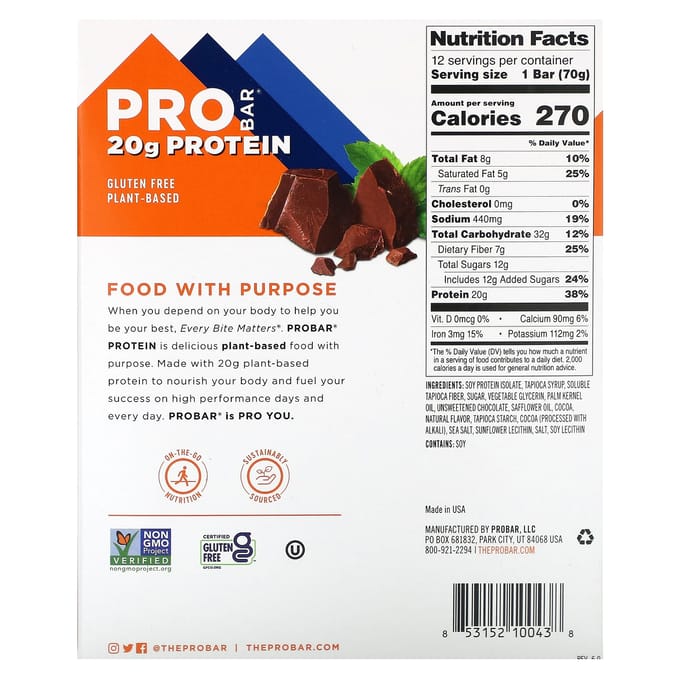 ProBar, barre protéinée, menthe chocolat, 12 barres, 70 g (2,47 oz) chaque
