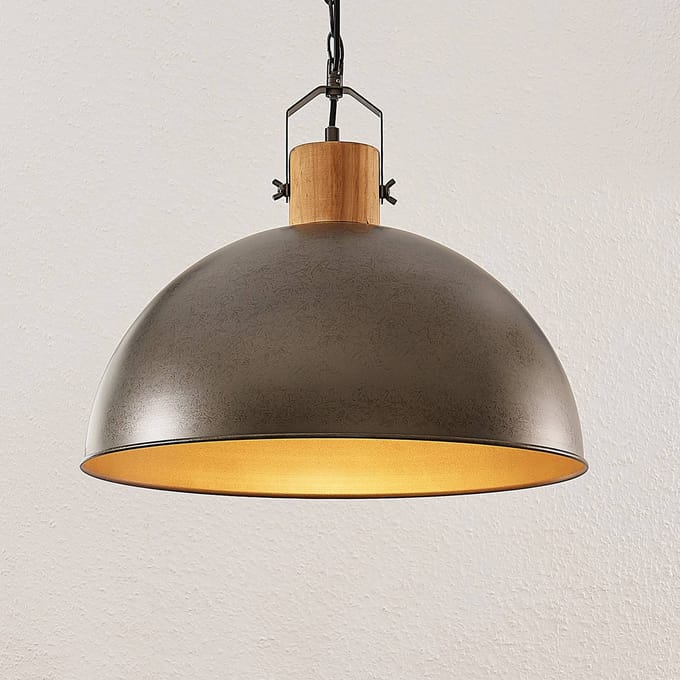 Lindby - hanglamp - 1licht - Ijzer, hout - H: 37.5 cm - E27 - metallic groen, licht hout