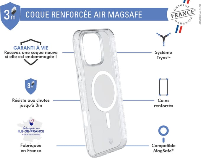 Force Case, Hoesje geschikt voor iPhone 16 Pro Max - MagSafe AIR Versterkt Tryax System 3M OFG, Transparant