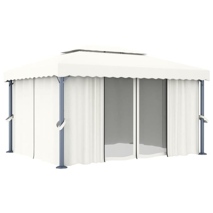 vidaXL - Prieel - met - gordijn - 4x3 - m - aluminium - crèmewit