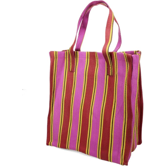 Shopper gerecycled plastic 37x18x59cm fuchsia-rood-geel gestreept