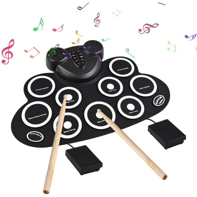 Elektronische Drumset Hand Roll Drumset met Drumsticks Voetpedaal 9 Pads Dubbele luidspreker Oplaadbaar zwart