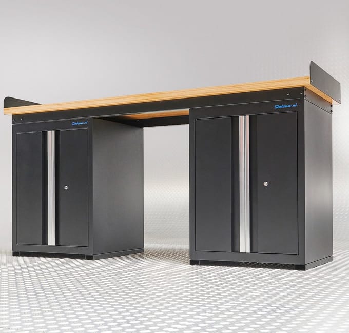Datona® Werkbank PRO eiken - 2 opbergkasten - 200 cm - Zwart