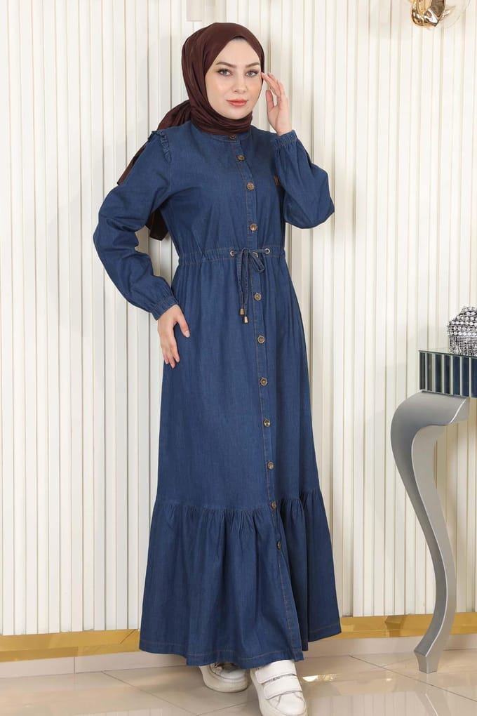 Gebonden taille Geknopt Denim Jurk Donkerblauw