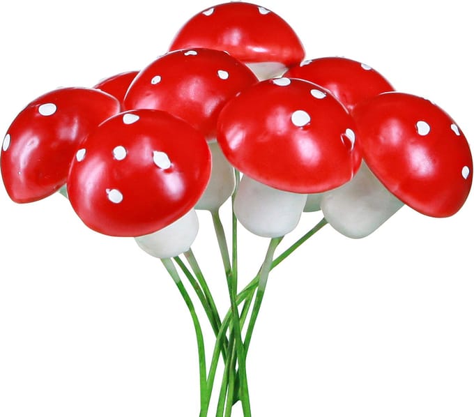 Mini paddenstoelen op draad rood witte decoratieve paddenstoelen Ø2cm