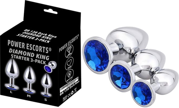 Power escorts - Metalen Buttplug set - stijlvolle Donker Blauwe steen -  Anal plug Starter set - 3 Pack  - BR138 - Small - Medium - Large Anaal plug set