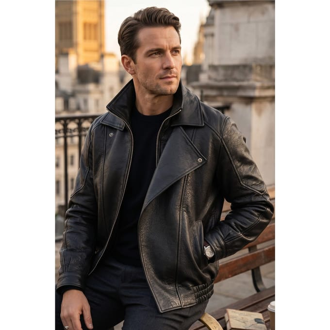 Heren Black Lamb Leather Biker Bomber Blouson Jas - Passage