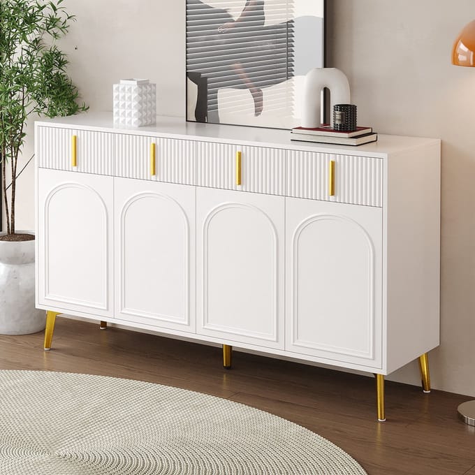 REDOM Dressoir 140 cm wit MDF met goudaccenten — 4 deuren, 4 lades, verstelbare legplanken, elegant design