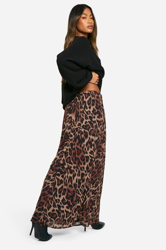 boohoo Dames Leopard Chiffon Maxi Rok | Brown | Maat: 6